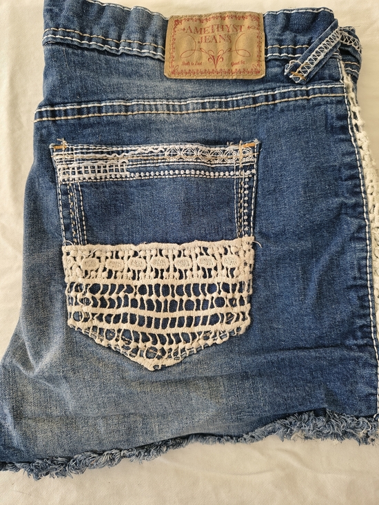 Amethyst Jeans Pants - Amethyst Jeans Blue Denim Cutoff Shorts with White Crochet Pocket